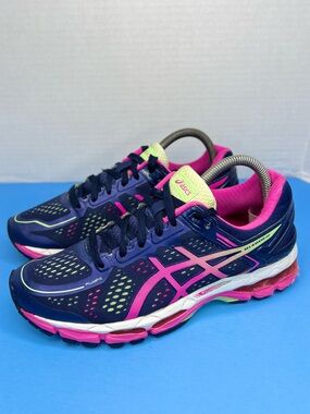 ASICS Gel-Kayano 22 Women’s Running Shoes Sz 8 Navy/Pink/Light Lime VGUC No Box